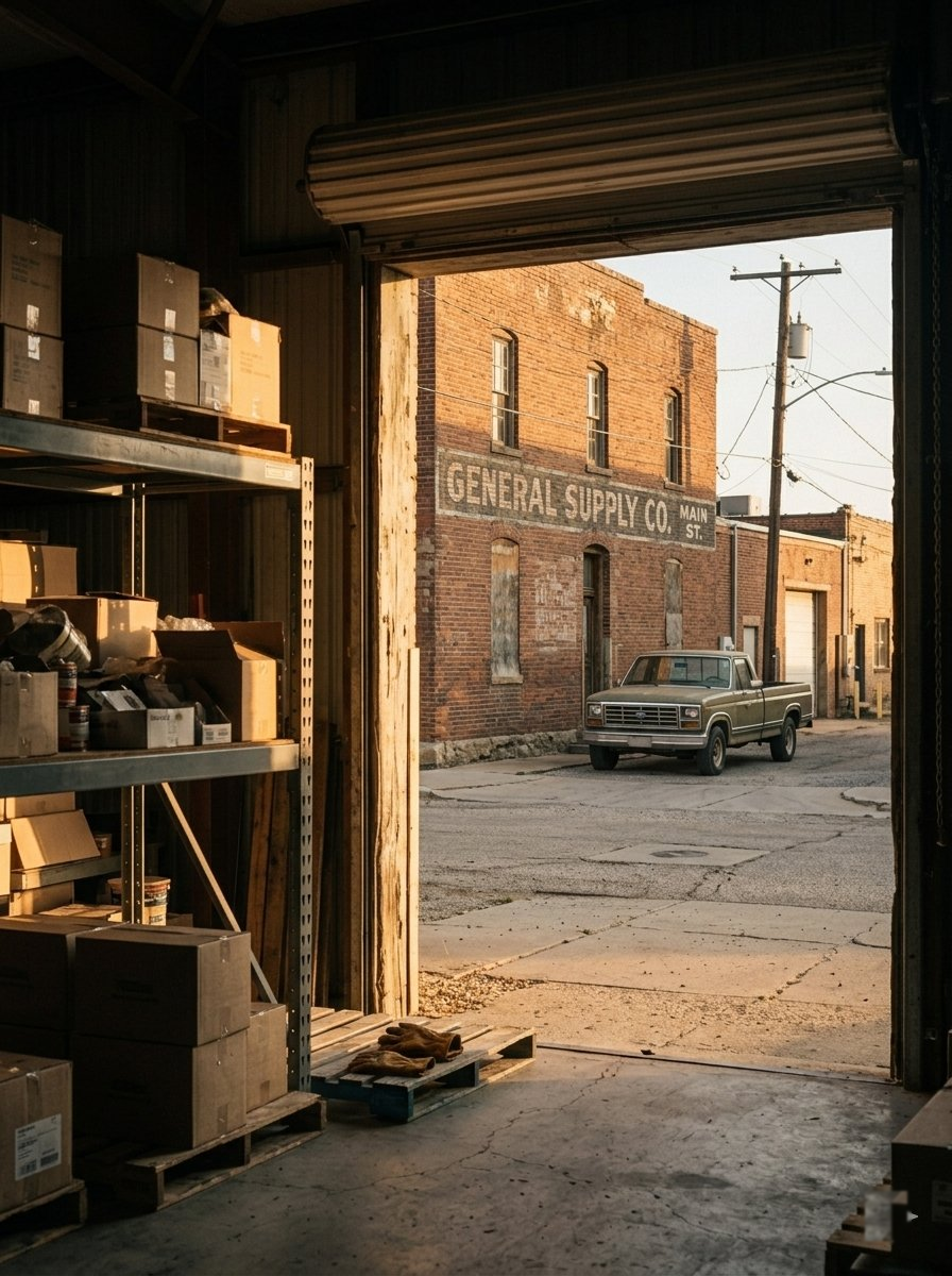 View from inside a Main Street supply warehouse looking out to a brick General Supply Co. building across the alley