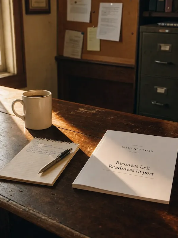 Mahoney Road Business Exit Readiness Report on a worn wooden desk with coffee and handwritten notes
