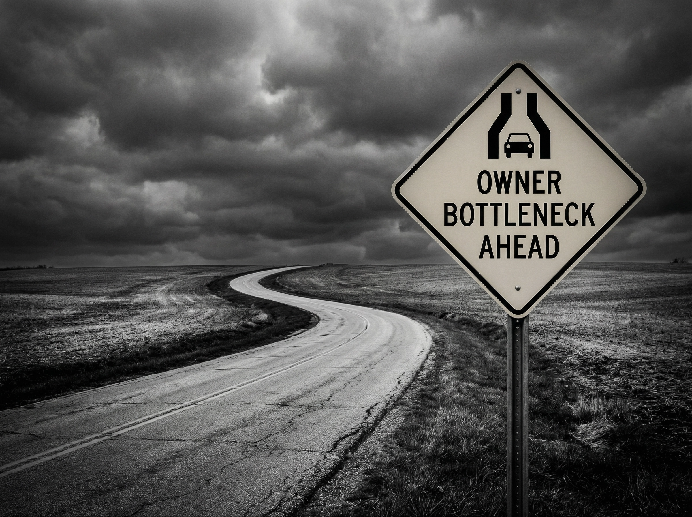 Owner Bottleneck Ahead road sign on winding country road