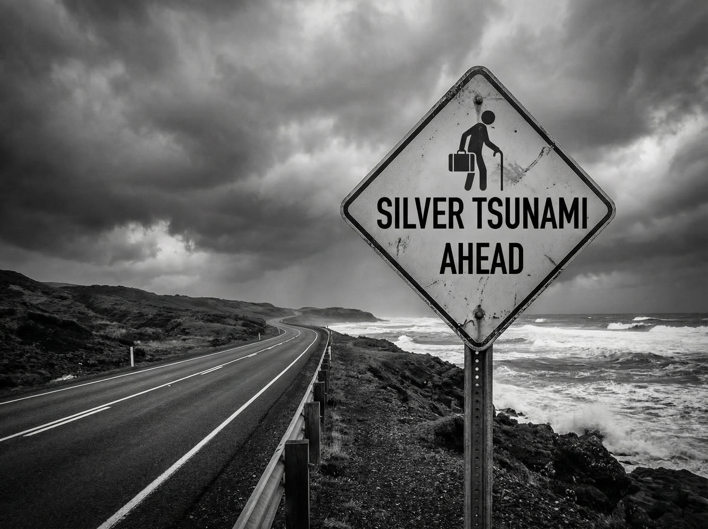 Silver Tsunami warning sign on stormy coastal highway